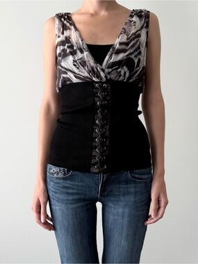 Whimsical Cache silk corset style sleeveless top